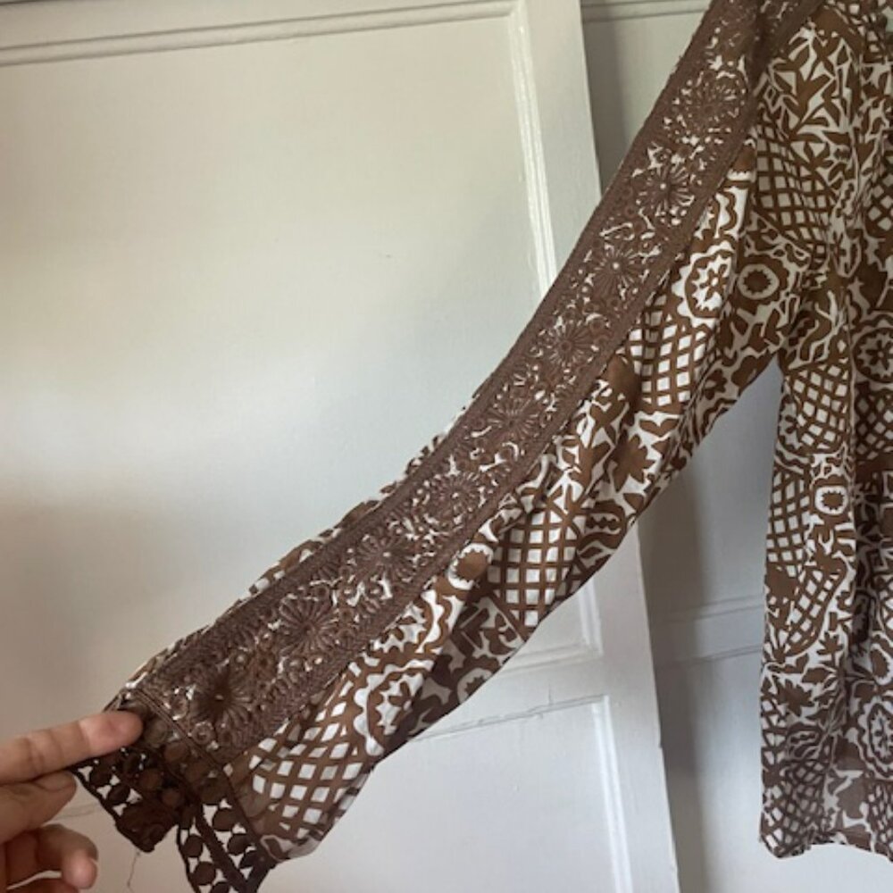Tory Burch Top Boho Long Sleeve Brown/Tan Print  White Size 10 Lace 100% Cotton - Picture 9 of 10